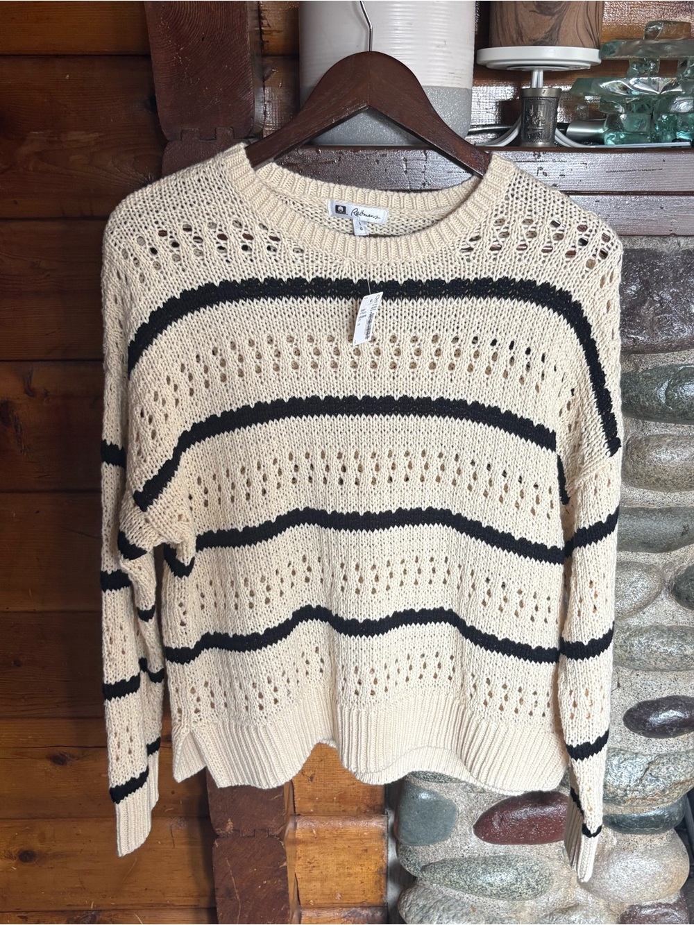 NWT Pointelle Cotton Stripe Sweater Reitmans Large Coastal Grandma